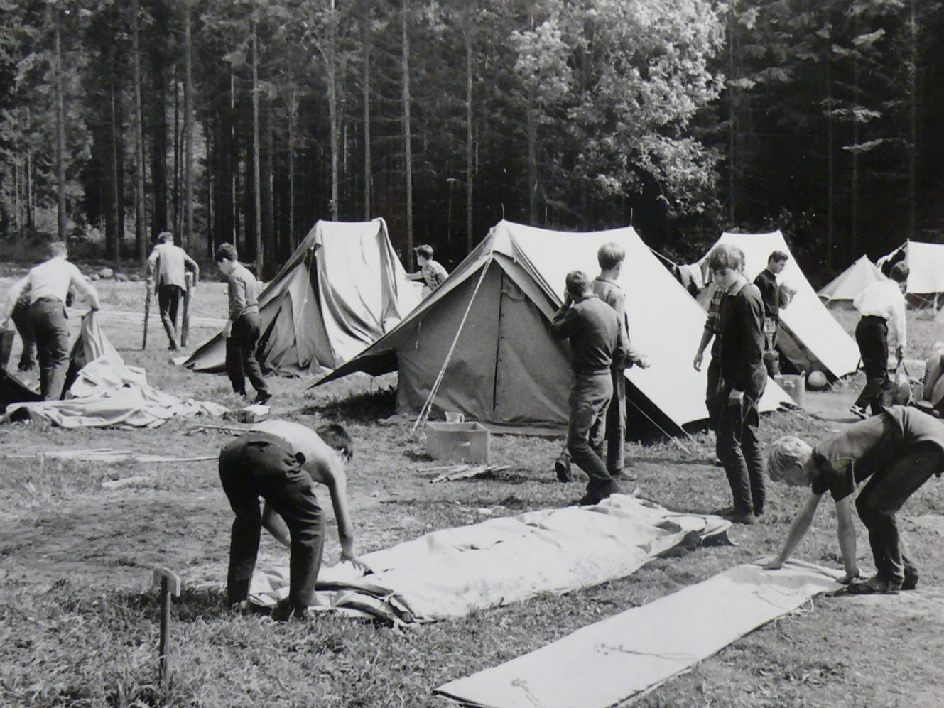 Il s'agit d'une photo présente dans un album photo. On voit les adolescent en train de monter leur camp. On retrouve des tentes montées, d'autres en train de se monter.