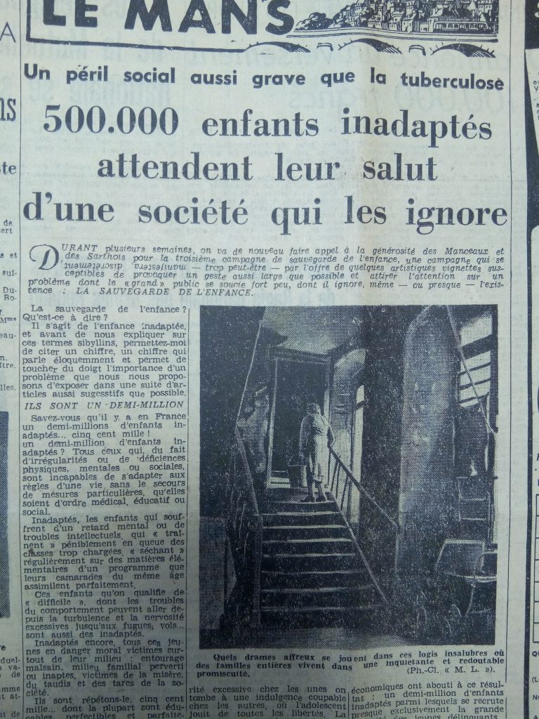 Article de journal du Mans. Le titre mentionne « Un péril social aussi grave que la tuberculose. 500 000 enfants inadaptés attendent leur salut d'une société qui les ignore »